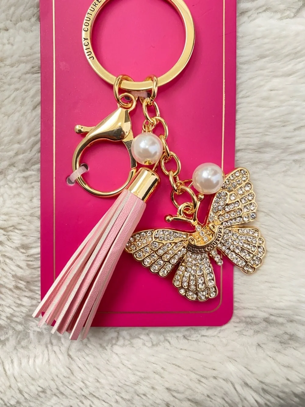 Juicy Couture Gold Crystal Butterfly Keychain with Pink Tassel
